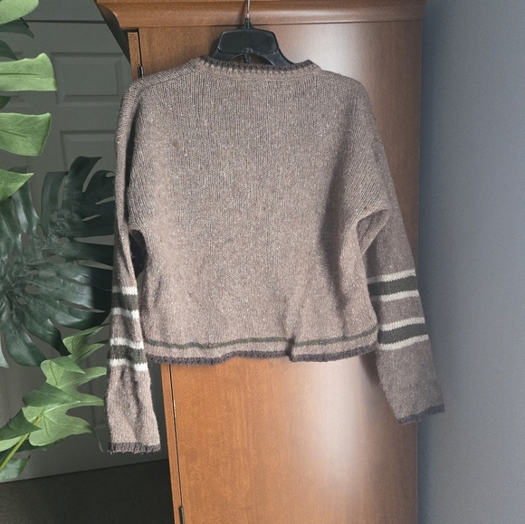 V-Neck Brown Sweater with Striped Sleeves - Picture 2 of 3